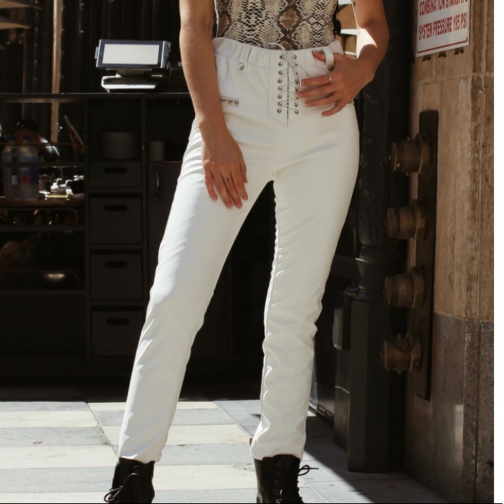 White lace up faux leather pant